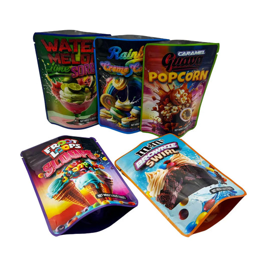 Sachets Mylar avec motifs gâteau et fruits, emballage de rangement 3,5 g, pochettes anti-odeurs.