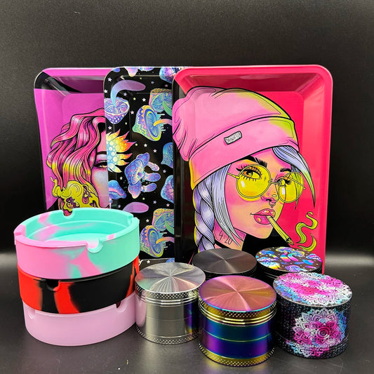 50mm Tobacco Herbal Grinder Kit Herb 180x125mm Metal Rolling Tray Set Cigar Ash Tray Tinplate Ashtray Smoking Accessories